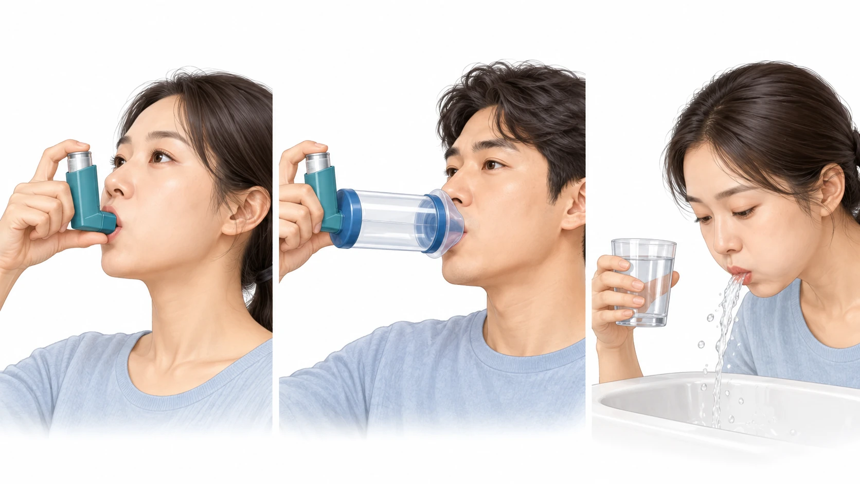 3컷: 정량식 흡입기를 입에 문 성인(누르는 엄지), 스페이서를 연결해 흡입, 흡입 후 물로 입을 헹구고 뱉는 모습
