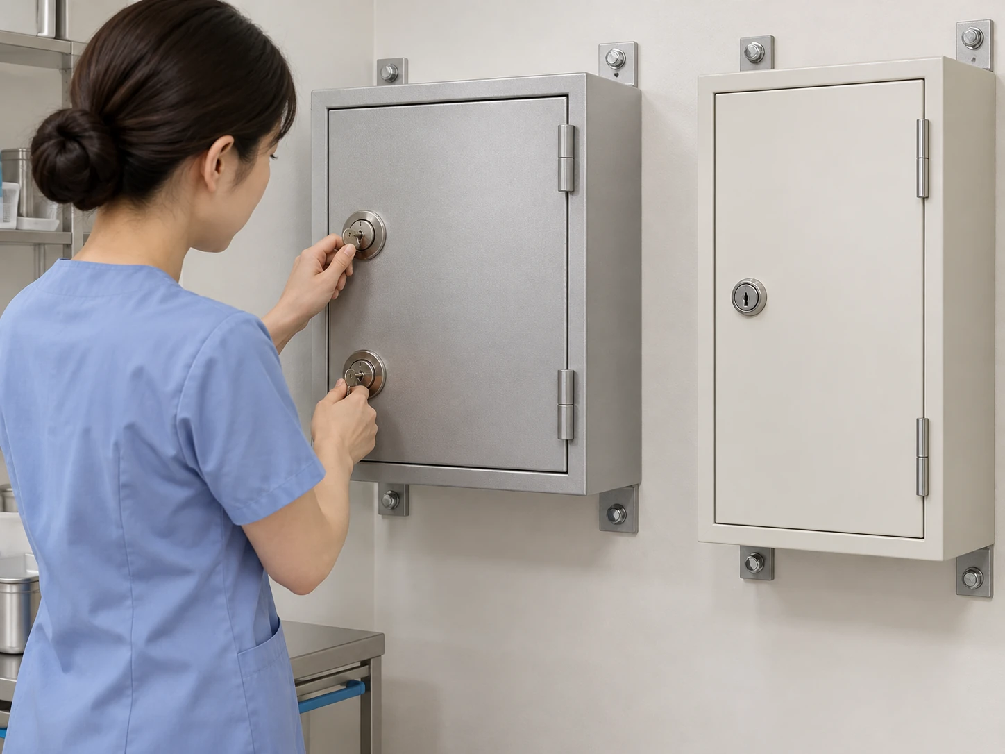 병동 투약실 안쪽 벽면에 고정 설치된 작은 철제금고. 문에 잠금장치가 두 개(열쇠 구멍 2개 또는 열쇠+번호 잠금) 보임. 옆에는 잠금장치가 하나인 별도 약품장. 바닥·벽 고정 볼트가 보이게
