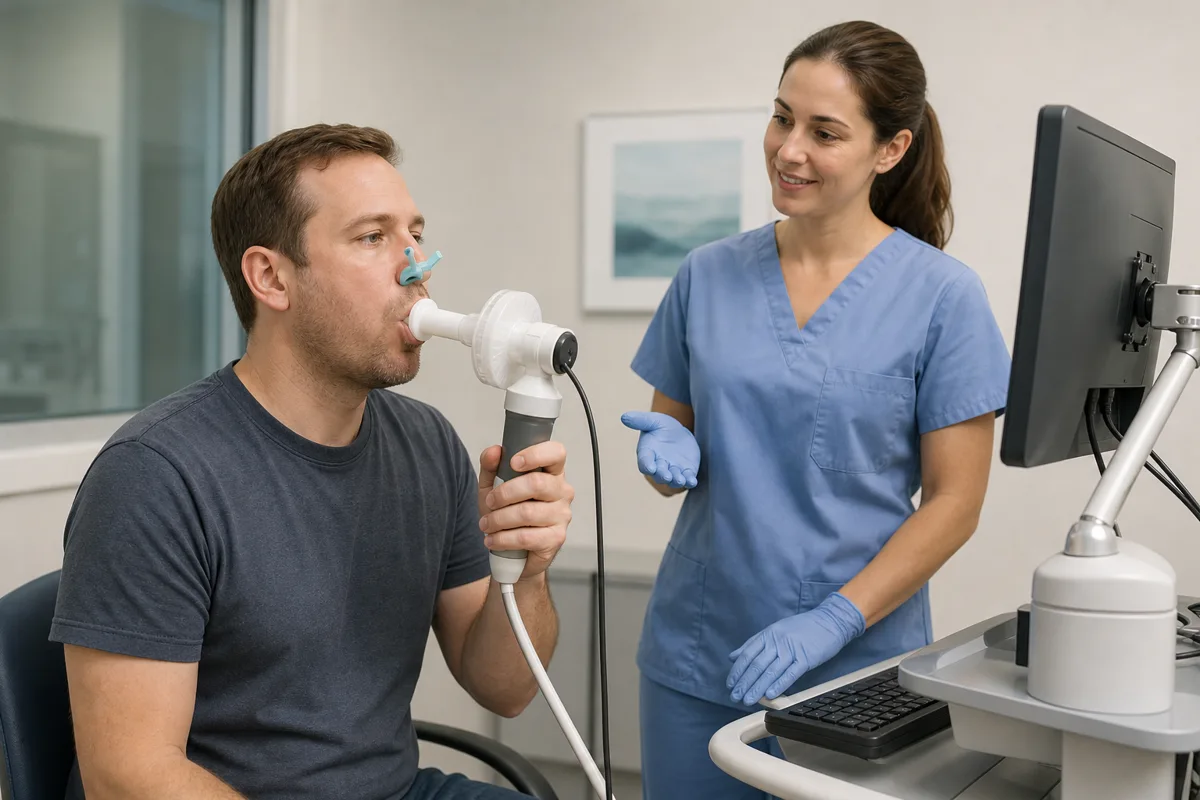 검사실에서 코마개를 한 환자가 의자에 바로 앉아 필터가 달린 마우스피스를 입에 문 채 숨을 내쉬고, 옆에서 검사자가 화면을 보며 손짓으로 독려한다.