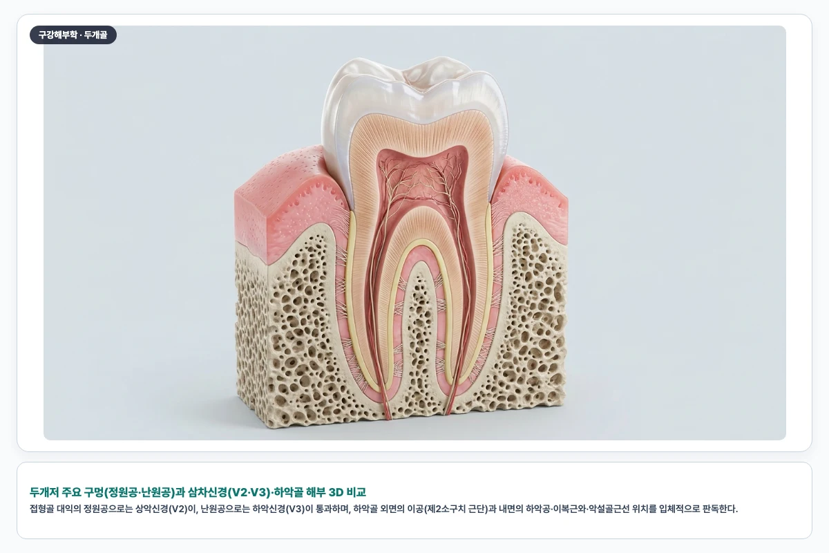두개저 주요 구멍(정원공·난원공)과 삼차신경(V2·V3)·하악골 해부 3D 비교
