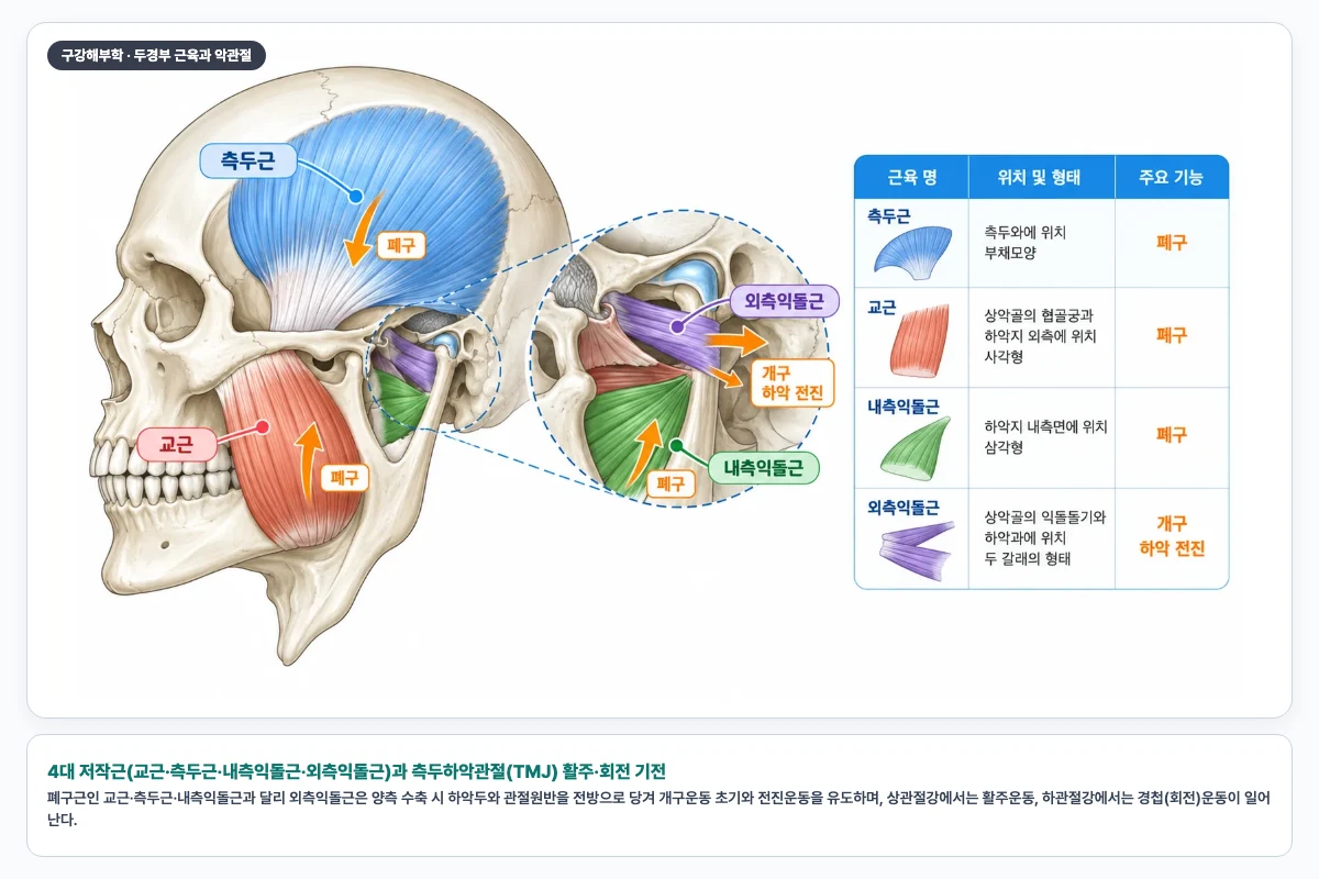 4대 저작근(교근·측두근·내측익돌근·외측익돌근)과 측두하악관절(TMJ) 활주·회전 기전