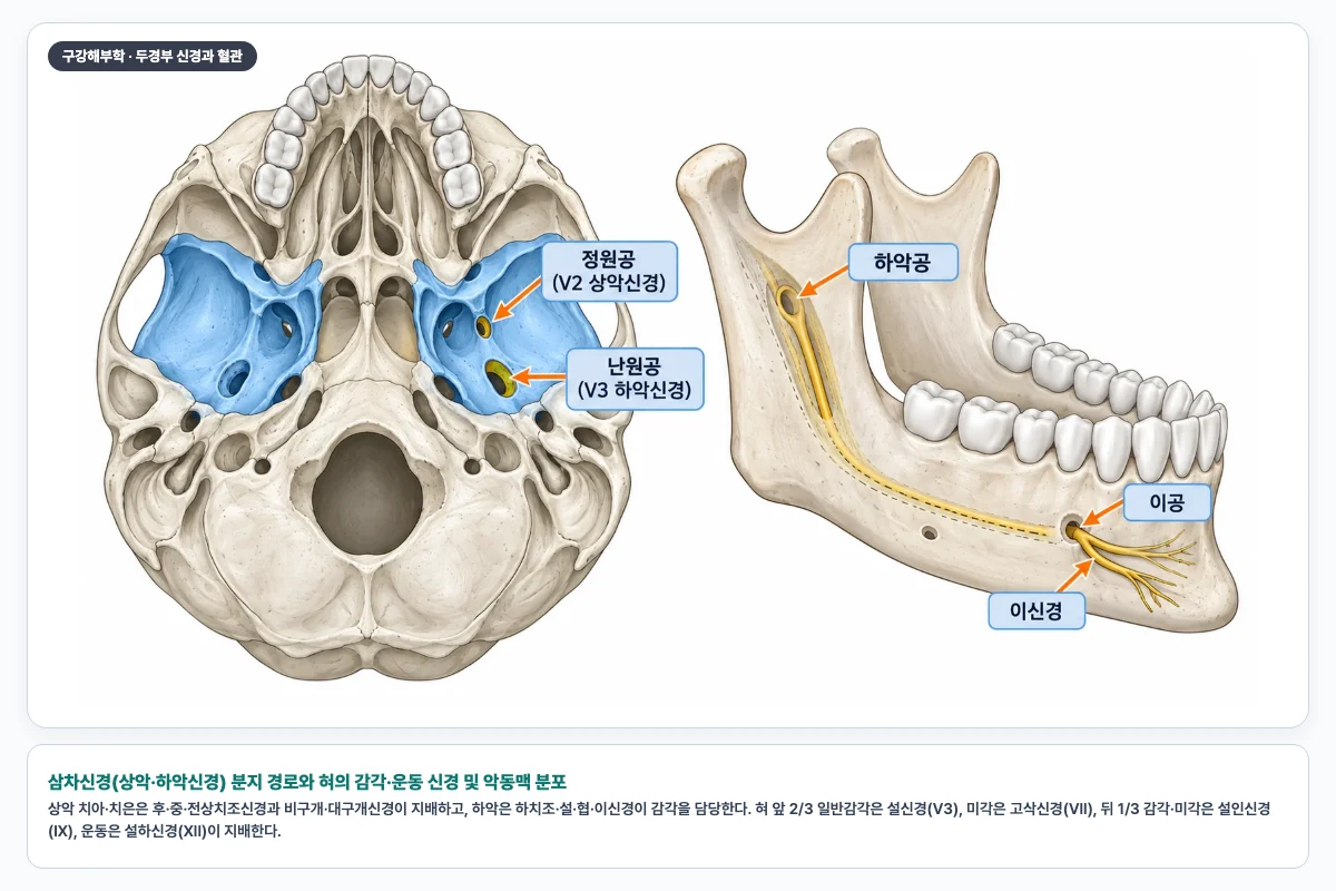 삼차신경(상악·하악신경) 분지 경로와 혀의 감각·운동 신경 및 악동맥 분포