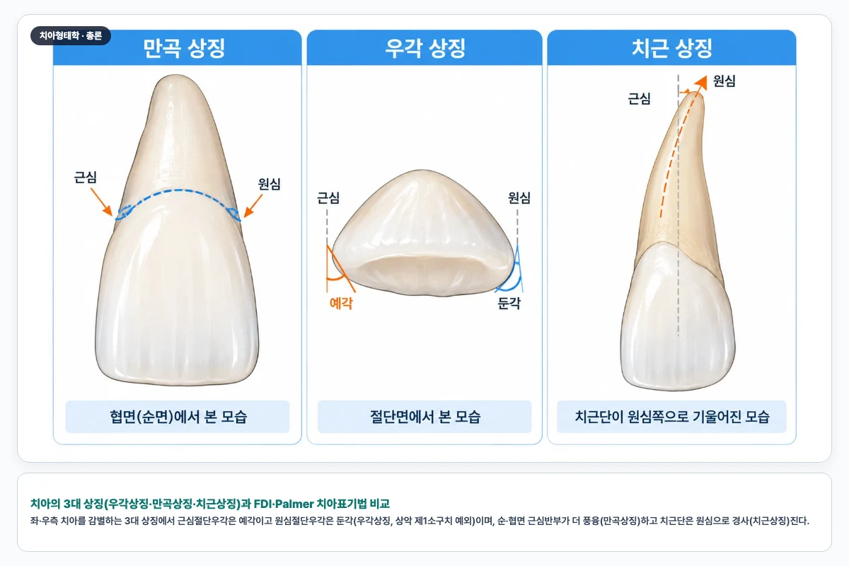 치아의 3대 상징(우각상징·만곡상징·치근상징)과 FDI·Palmer 치아표기법 비교