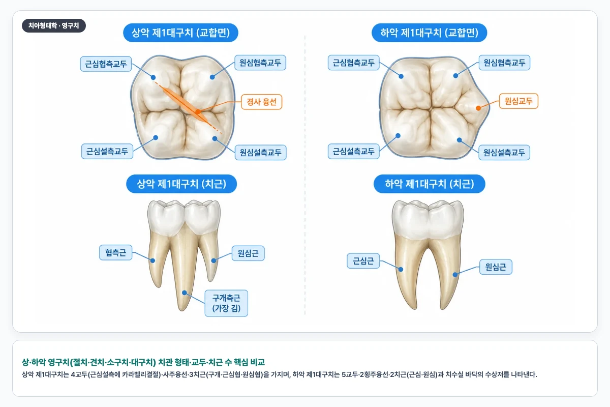 상·하악 영구치(절치·견치·소구치·대구치) 치관 형태·교두·치근 수 핵심 비교