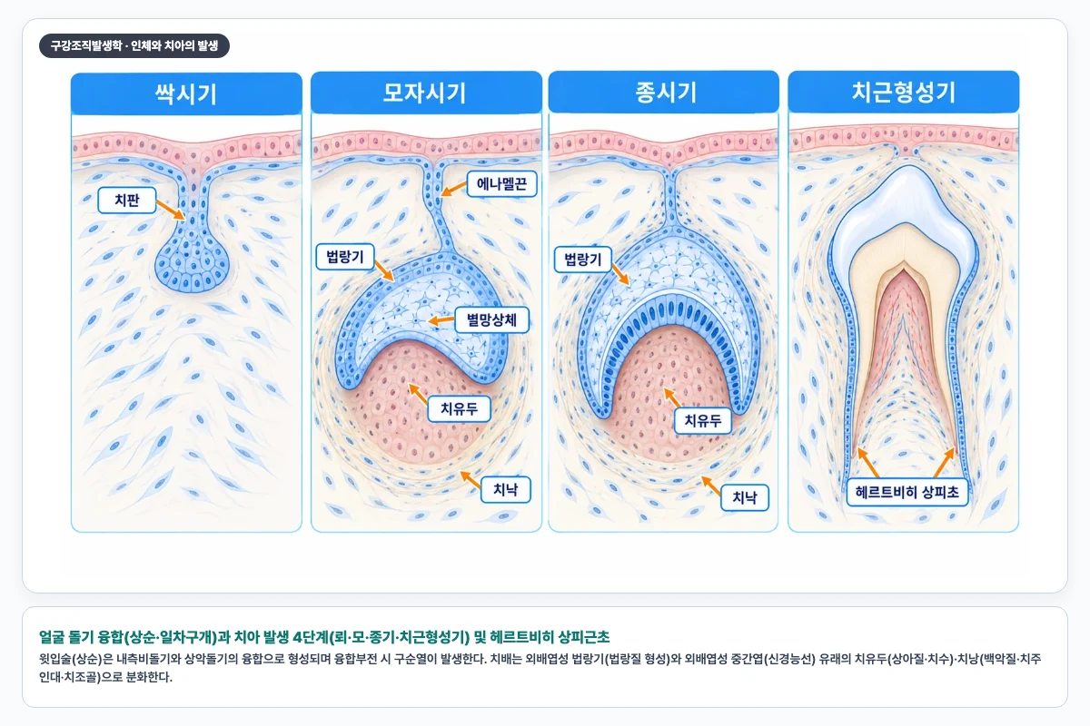 얼굴 돌기 융합(상순·일차구개)과 치아 발생 4단계(뢰·모·종기·치근형성기) 및 헤르트비히 상피근초