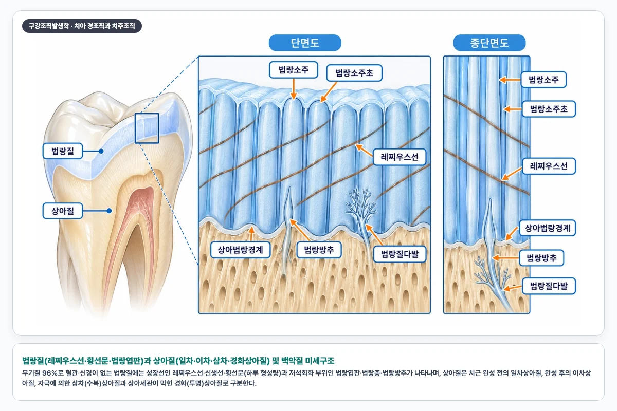 법랑질(레찌우스선·횡선문·법랑엽판)과 상아질(일차·이차·삼차·경화상아질) 및 백악질 미세구조