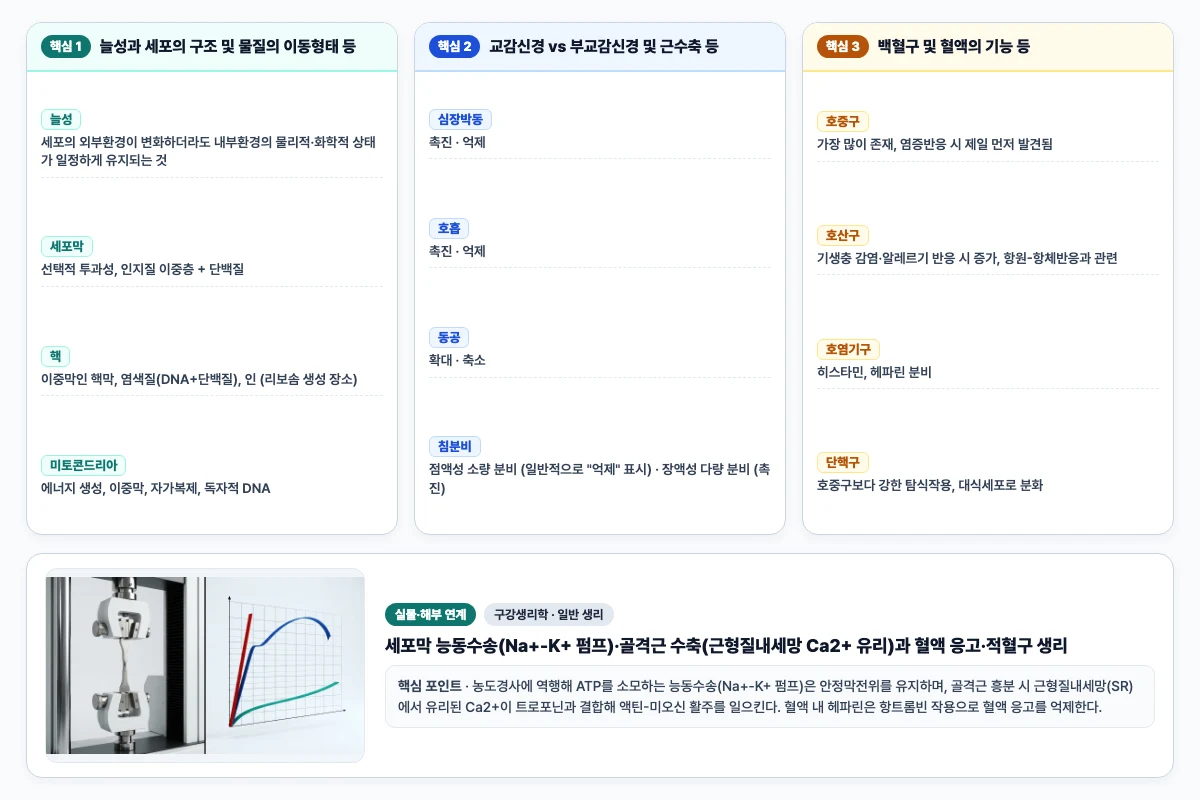 구강생리학 일반 생리 핵심 비교 및 단계별 기전 도해