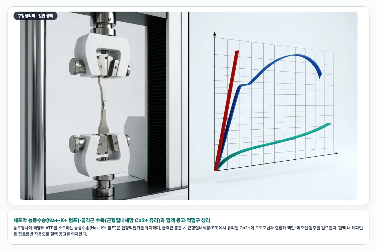 세포막 능동수송(Na+-K+ 펌프)·골격근 수축(근형질내세망 Ca2+ 유리)과 혈액 응고·적혈구 생리