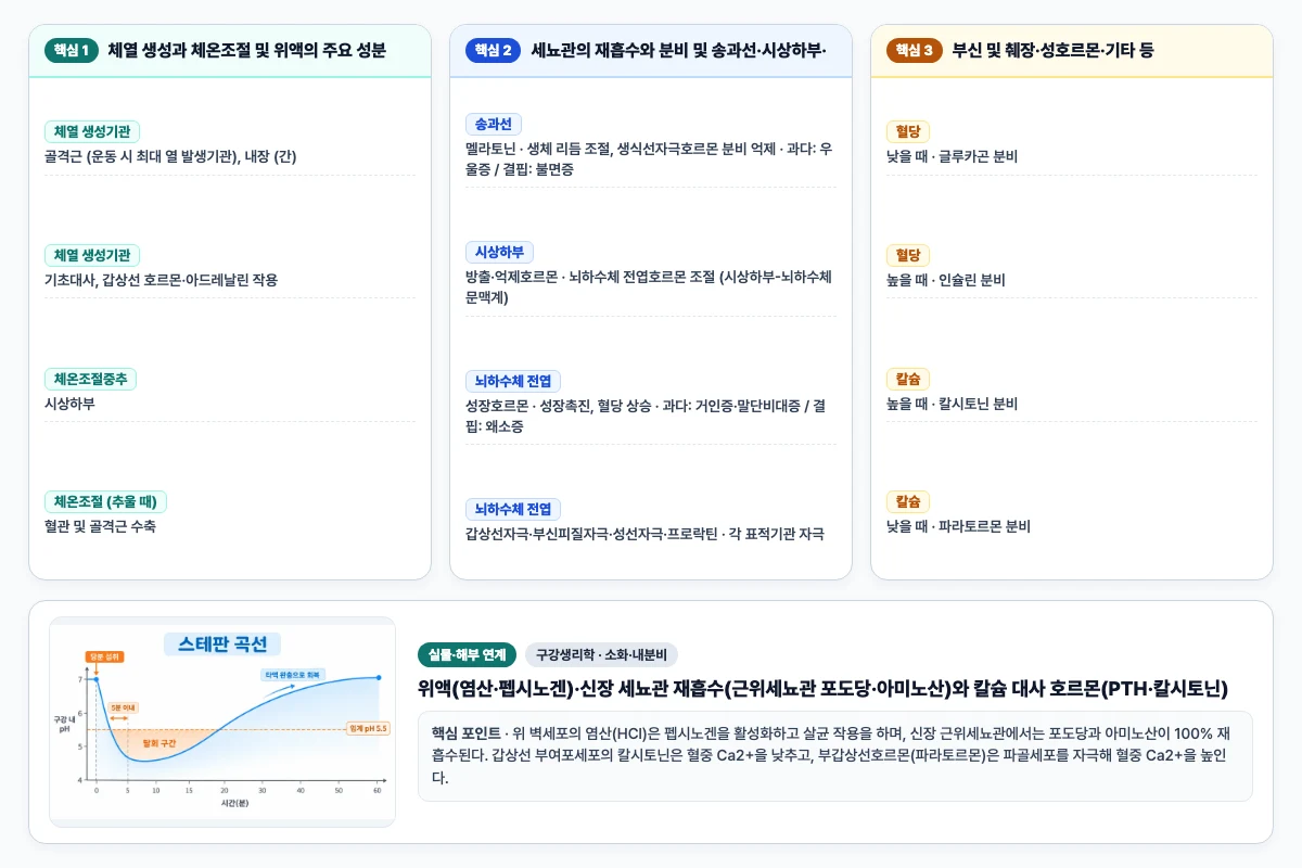 구강생리학 소화·내분비 핵심 비교 및 단계별 기전 도해