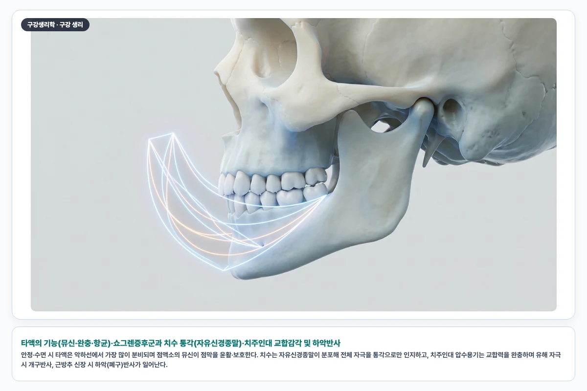 타액의 기능(뮤신·완충·항균)·쇼그렌증후군과 치수 통각(자유신경종말)·치주인대 교합감각 및 하악반사
