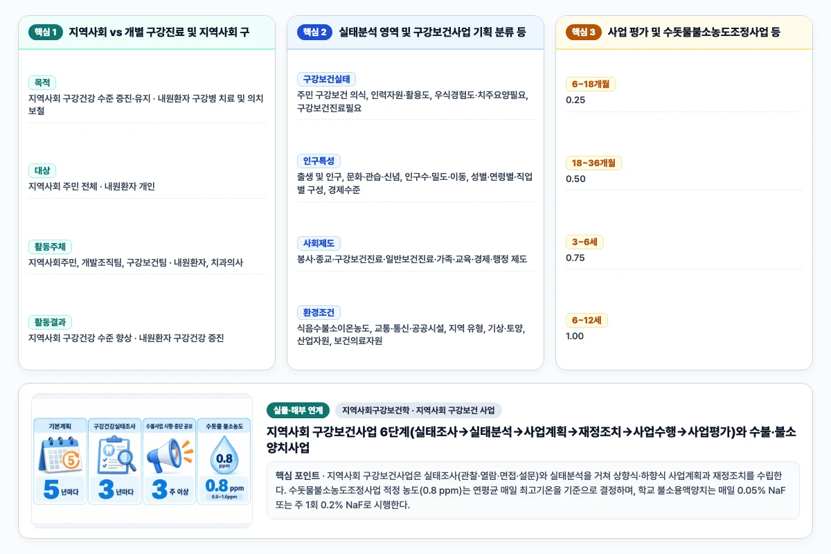 지역사회구강보건학 지역사회 구강보건 사업 핵심 비교 및 단계별 기전 도해