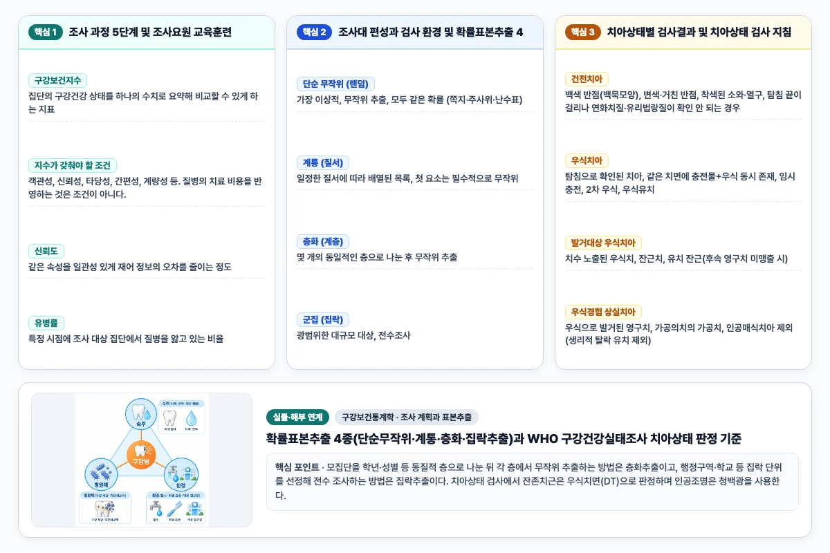 구강보건통계학 조사 계획과 표본추출 핵심 비교 및 단계별 기전 도해