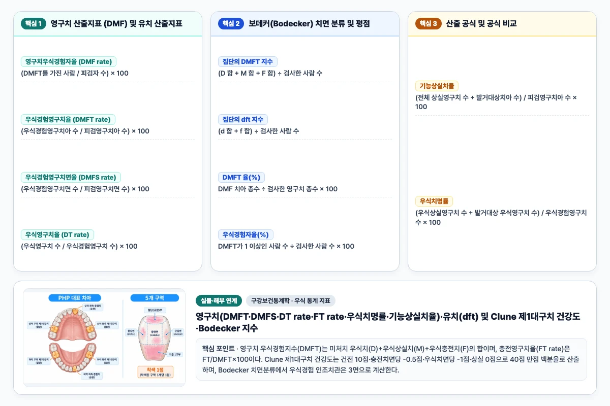 구강보건통계학 우식 통계 지표 핵심 비교 및 단계별 기전 도해