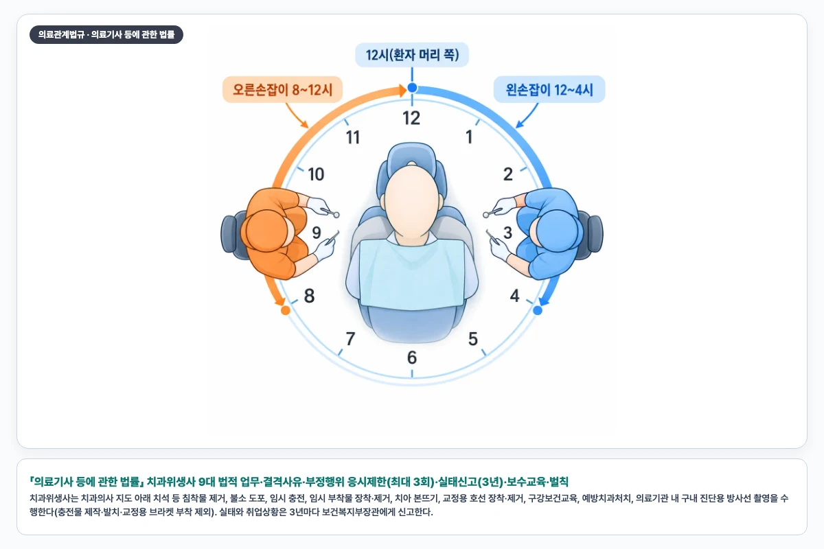 「의료기사 등에 관한 법률」 치과위생사 9대 법적 업무·결격사유·부정행위 응시제한(최대 3회)·실태신고(3년)·보수교육·벌칙