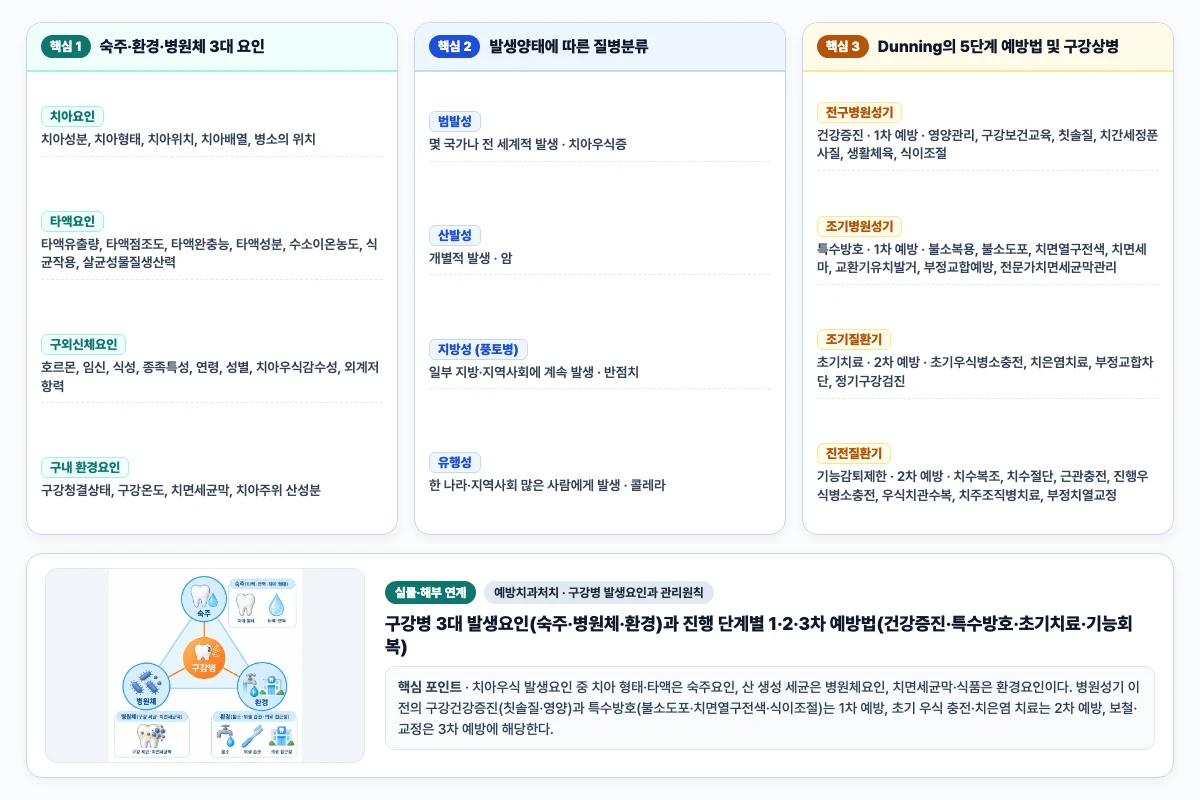 예방치과처치 구강병 발생요인과 관리원칙 핵심 비교 및 단계별 기전 도해