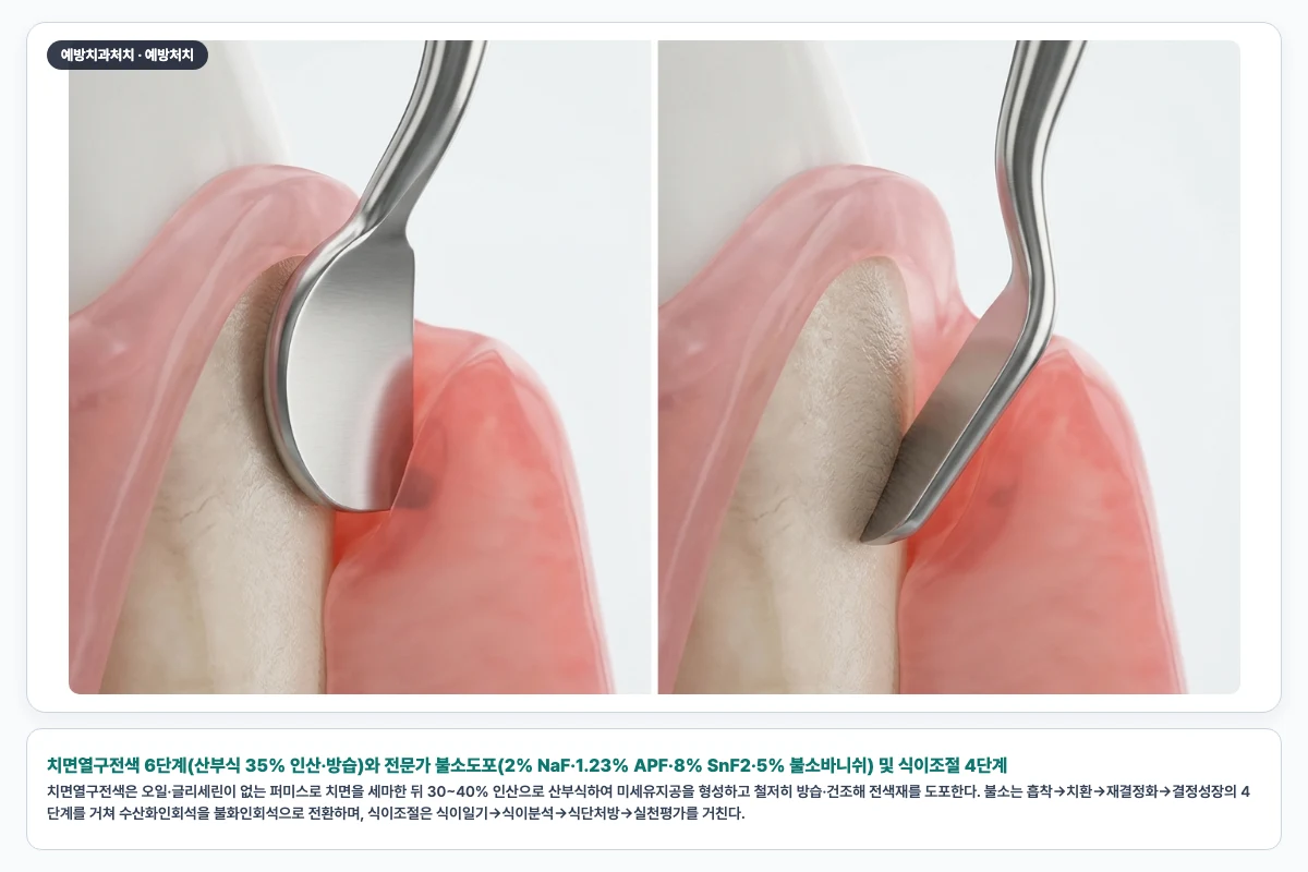 치면열구전색 6단계(산부식 35% 인산·방습)와 전문가 불소도포(2% NaF·1.23% APF·8% SnF2·5% 불소바니쉬) 및 식이조절 4단계