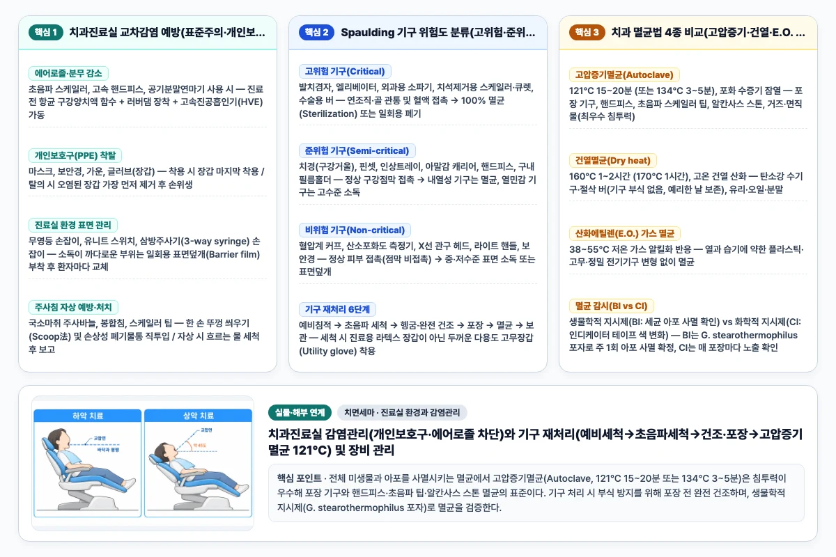 치면세마 진료실 환경과 감염관리 핵심 비교 및 단계별 기전 도해
