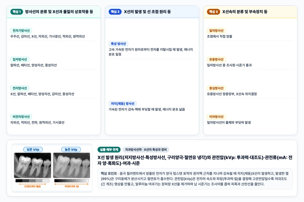 치과방사선학 X선의 특성과 장비 핵심 비교 및 단계별 기전 도해