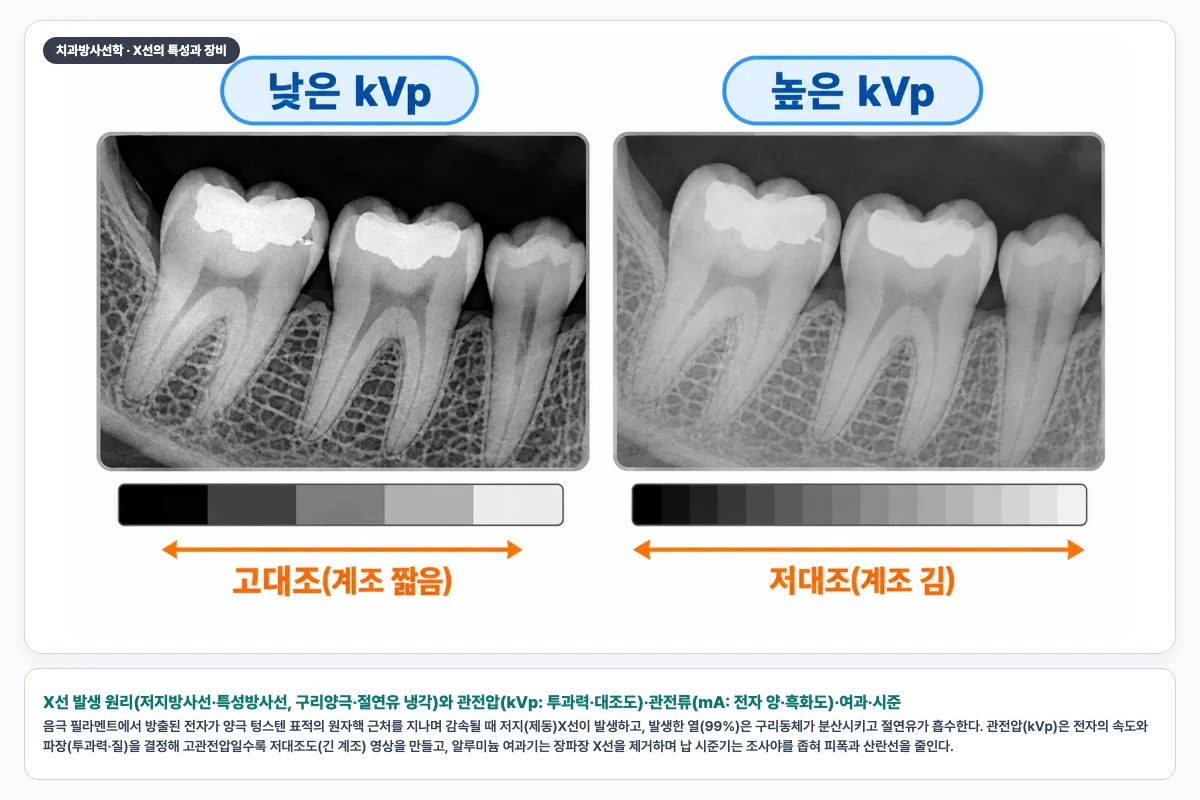 X선 발생 원리(저지방사선·특성방사선, 구리양극·절연유 냉각)와 관전압(kVp: 투과력·대조도)·관전류(mA: 전자 양·흑화도)·여과·시준