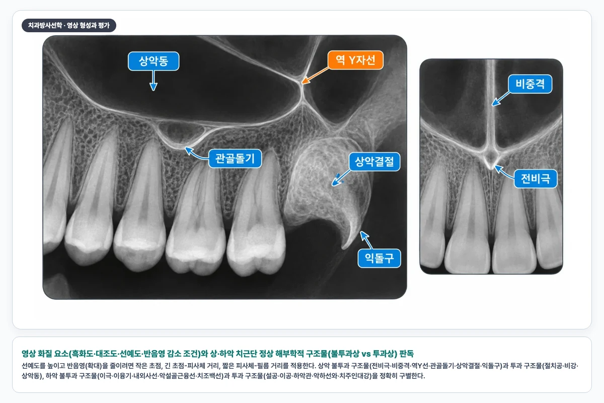 영상 화질 요소(흑화도·대조도·선예도·반음영 감소 조건)와 상·하악 치근단 정상 해부학적 구조물(불투과상 vs 투과상) 판독