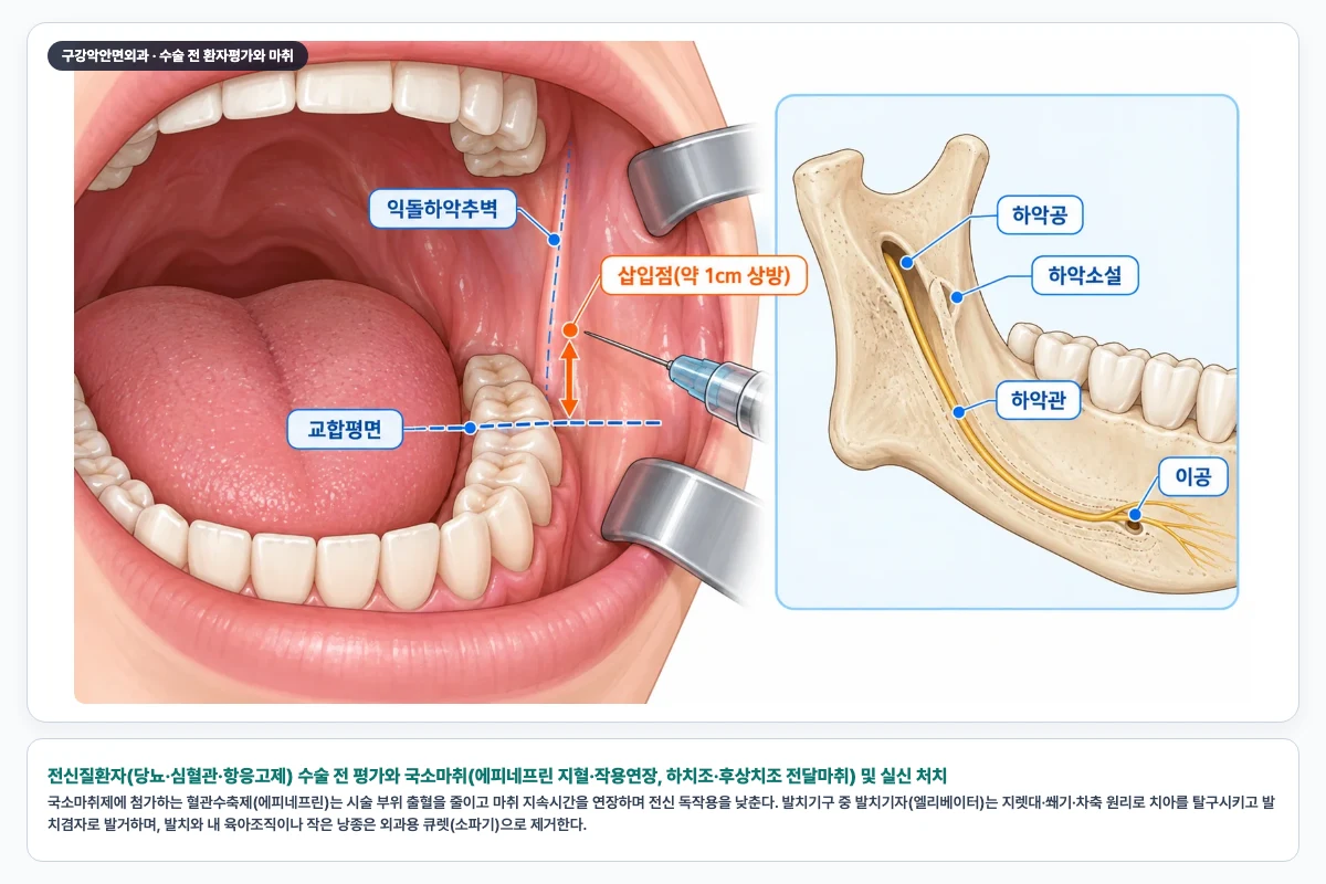 전신질환자(당뇨·심혈관·항응고제) 수술 전 평가와 국소마취(에피네프린 지혈·작용연장, 하치조·후상치조 전달마취) 및 실신 처치