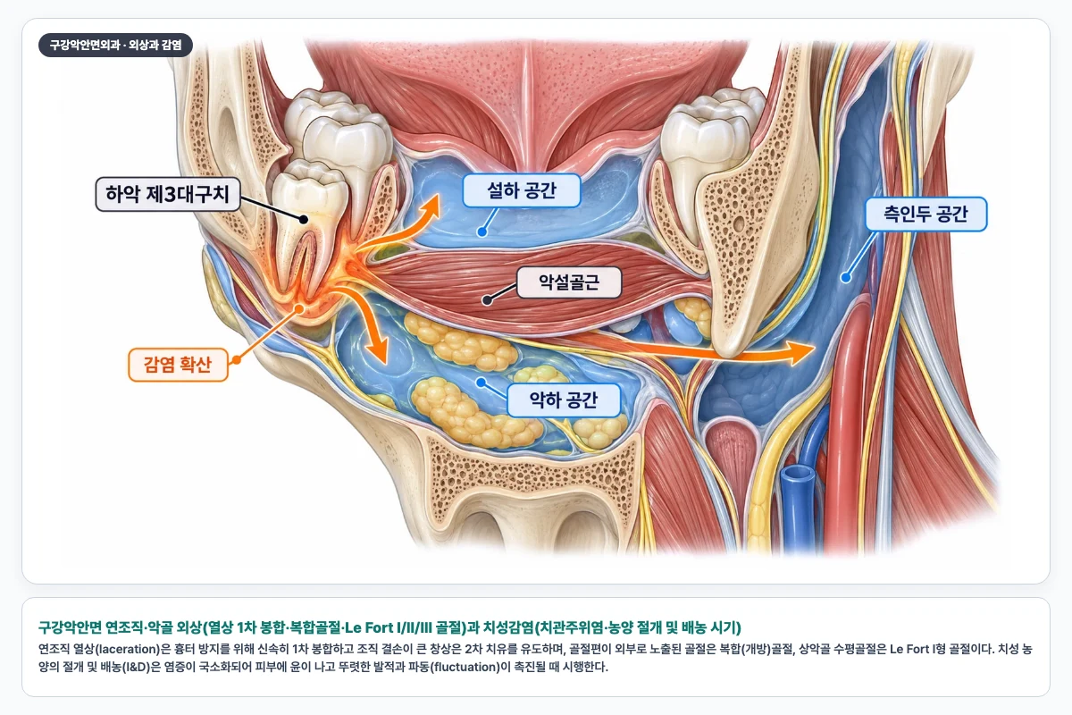 구강악안면 연조직·악골 외상(열상 1차 봉합·복합골절·Le Fort I/II/III 골절)과 치성감염(치관주위염·농양 절개 및 배농 시기)