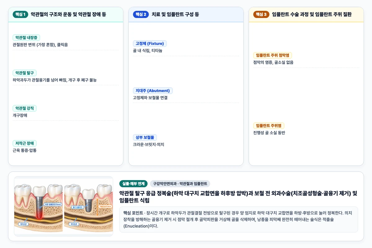 구강악안면외과 악관절과 임플란트 핵심 비교 및 단계별 기전 도해