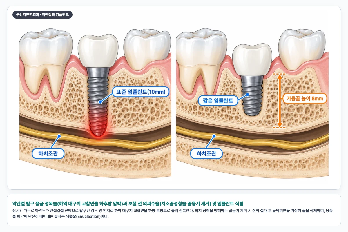 악관절 탈구 응급 정복술(하악 대구치 교합면을 하후방 압박)과 보철 전 외과수술(치조골성형술·골융기 제거) 및 임플란트 식립