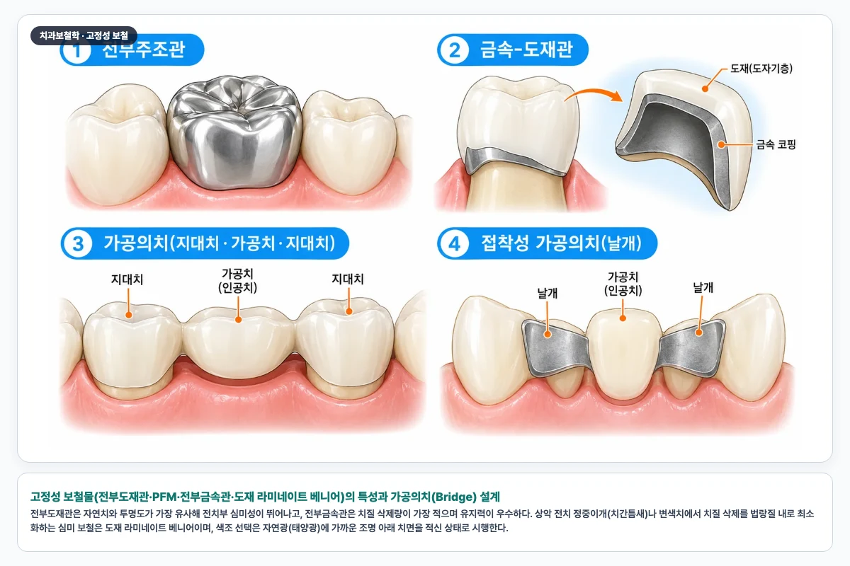 고정성 보철물(전부도재관·PFM·전부금속관·도재 라미네이트 베니어)의 특성과 가공의치(Bridge) 설계