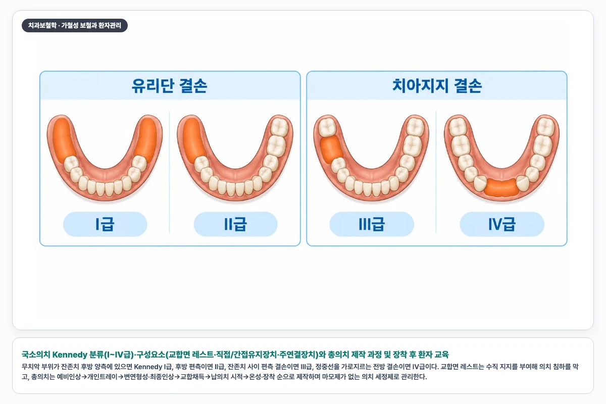 국소의치 Kennedy 분류(I~IV급)·구성요소(교합면 레스트·직접/간접유지장치·주연결장치)와 총의치 제작 과정 및 장착 후 환자 교육