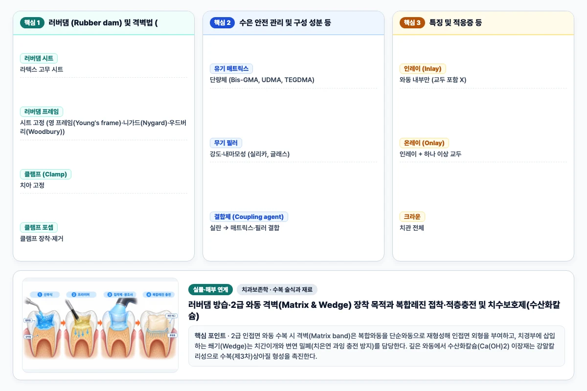 치과보존학 수복 술식과 재료 핵심 비교 및 단계별 기전 도해