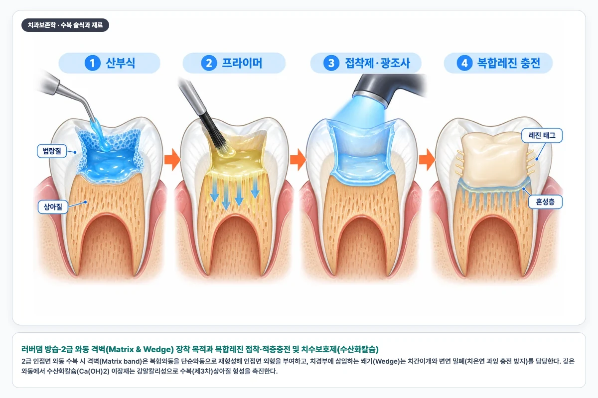 러버댐 방습·2급 와동 격벽(Matrix & Wedge) 장착 목적과 복합레진 접착·적층충전 및 치수보호제(수산화칼슘)
