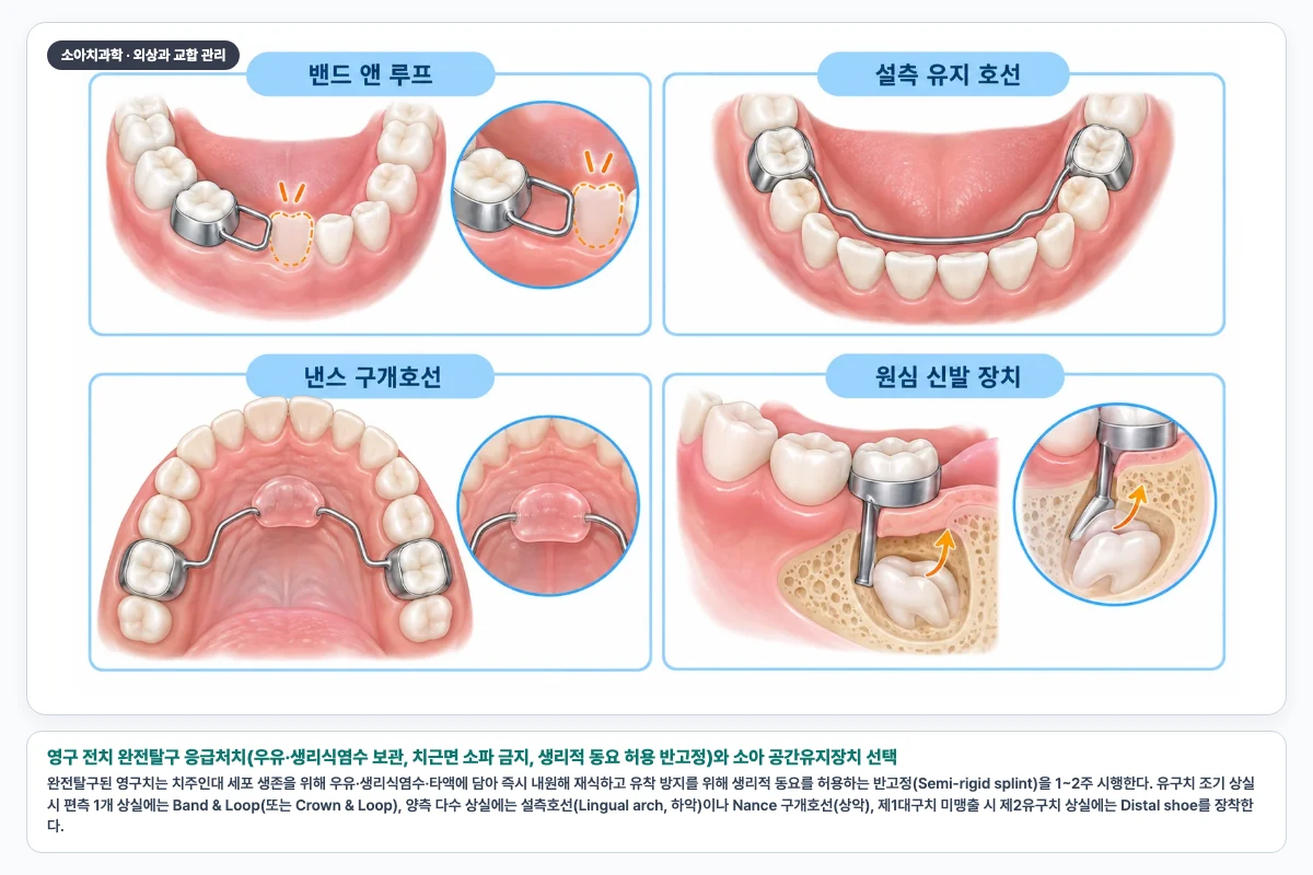 영구 전치 완전탈구 응급처치(우유·생리식염수 보관, 치근면 소파 금지, 생리적 동요 허용 반고정)와 소아 공간유지장치 선택