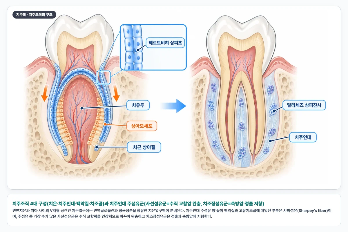 치주조직 4대 구성(치은·치주인대·백악질·치조골)과 치주인대 주섬유군(사선섬유군=수직 교합압 완충, 치조정섬유군=측방압·정출 저항)