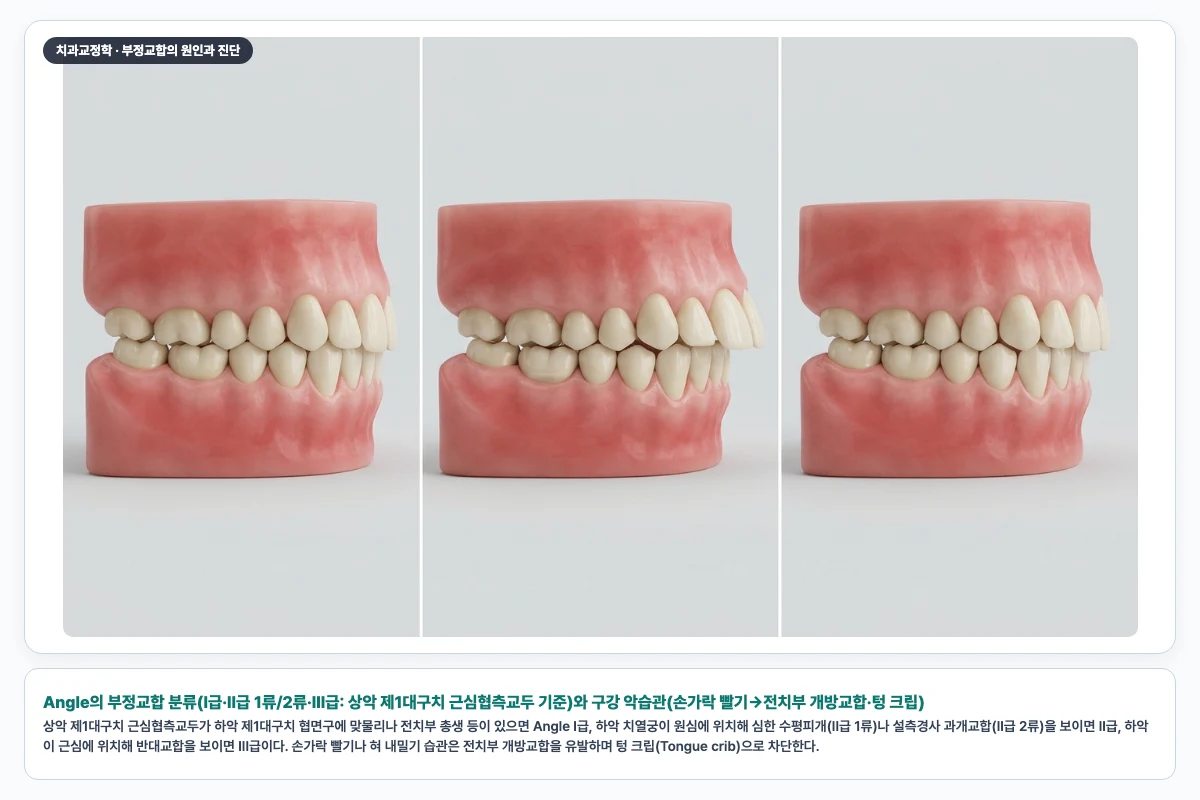 Angle의 부정교합 분류(I급·II급 1류/2류·III급: 상악 제1대구치 근심협측교두 기준)와 구강 악습관(손가락 빨기→전치부 개방교합·텅 크립)