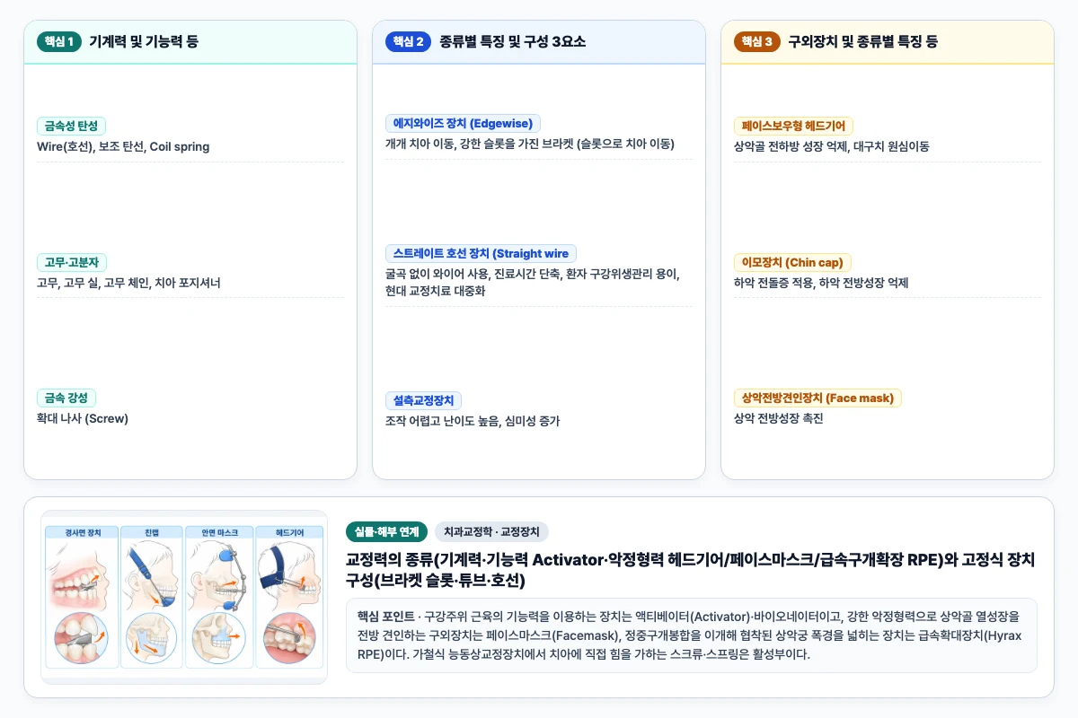 치과교정학 교정장치 핵심 비교 및 단계별 기전 도해
