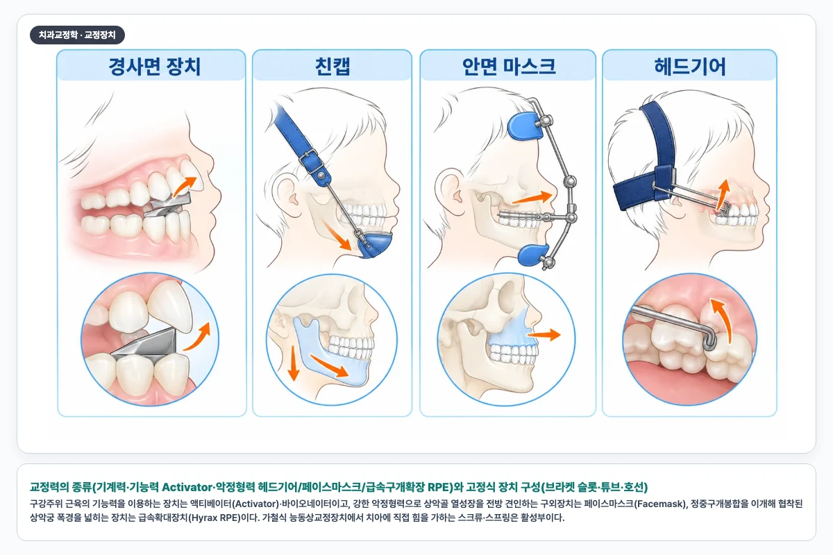 교정력의 종류(기계력·기능력 Activator·악정형력 헤드기어/페이스마스크/급속구개확장 RPE)와 고정식 장치 구성(브라켓 슬롯·튜브·호선)