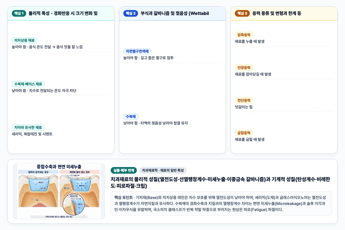 치과재료학 재료의 일반 특성 핵심 비교 및 단계별 기전 도해