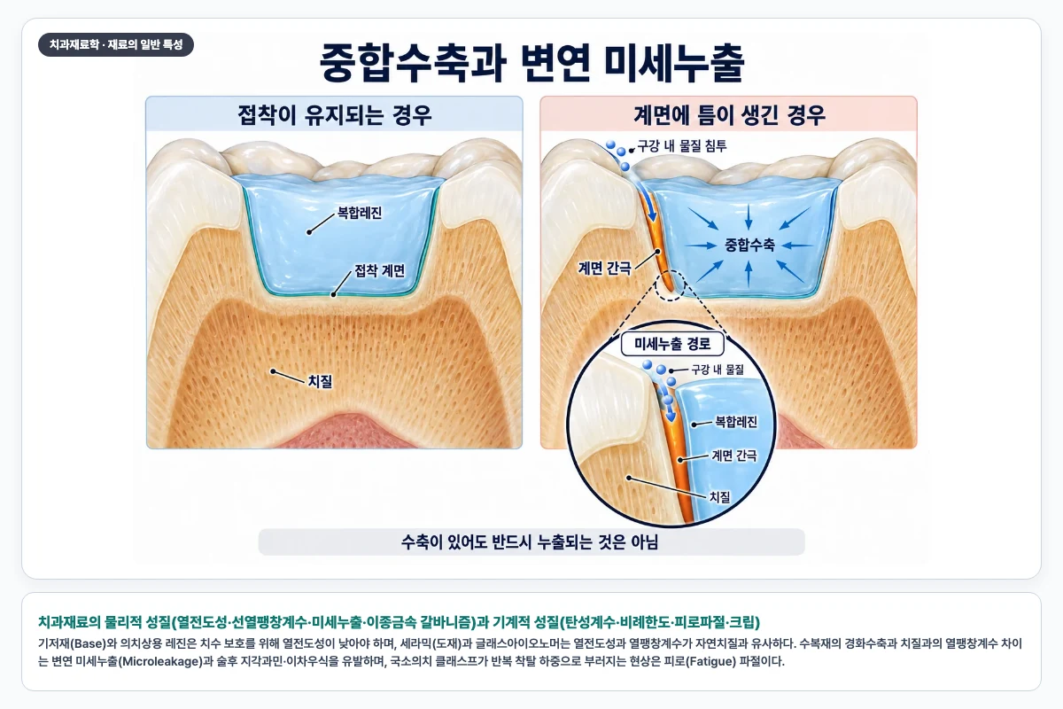 치과재료의 물리적 성질(열전도성·선열팽창계수·미세누출·이종금속 갈바니즘)과 기계적 성질(탄성계수·비례한도·피로파절·크립)