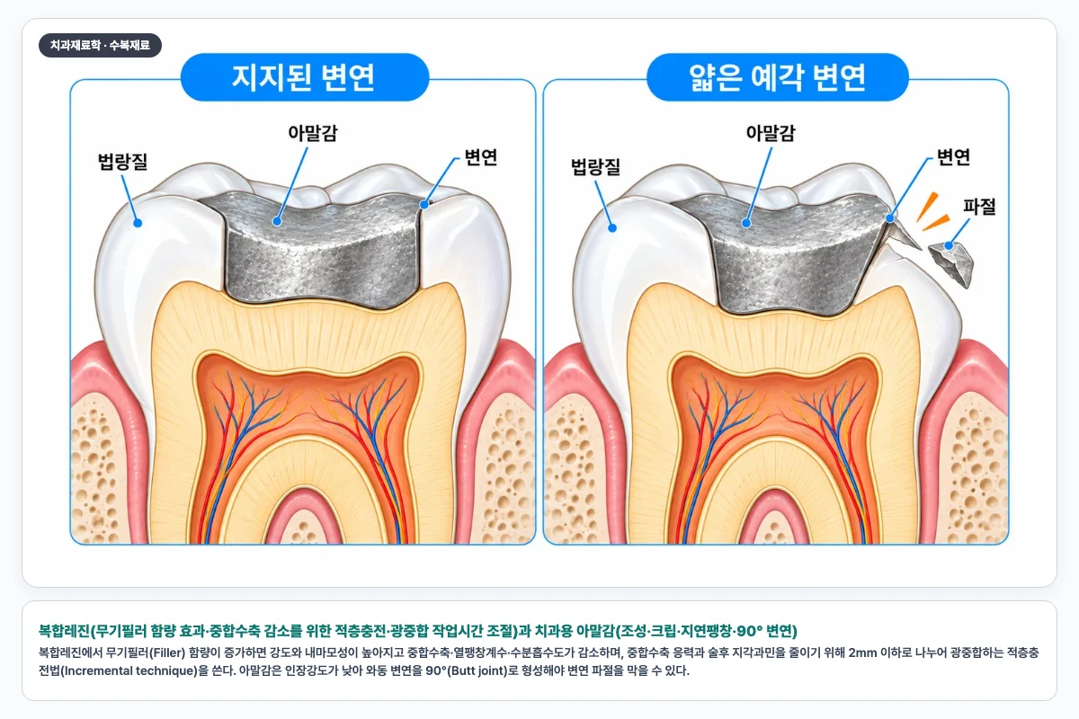 복합레진(무기필러 함량 효과·중합수축 감소를 위한 적층충전·광중합 작업시간 조절)과 치과용 아말감(조성·크립·지연팽창·90° 변연)