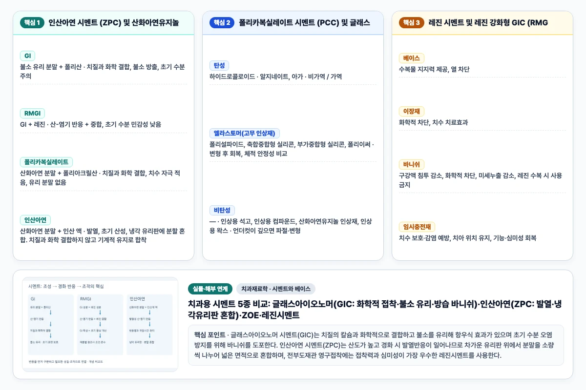 치과재료학 시멘트와 베이스 핵심 비교 및 단계별 기전 도해