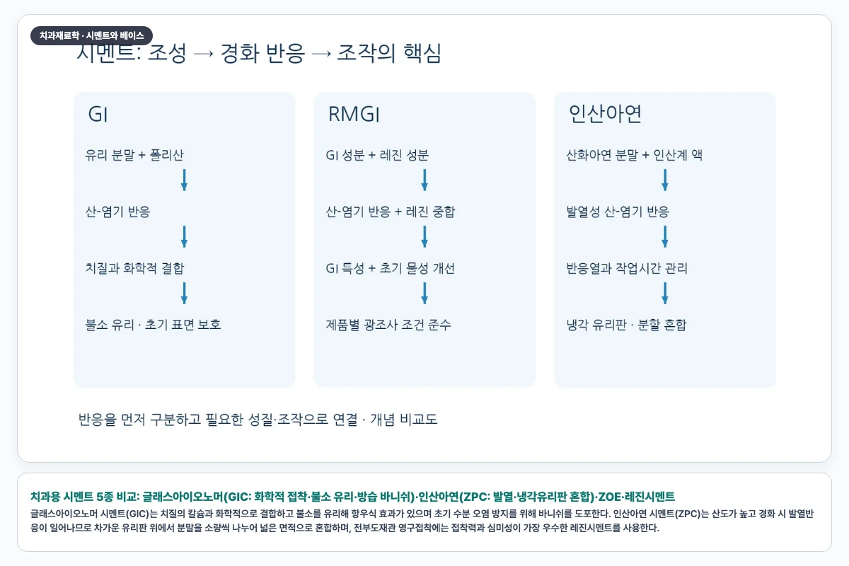 치과용 시멘트 5종 비교: 글래스아이오노머(GIC: 화학적 접착·불소 유리·방습 바니쉬)·인산아연(ZPC: 발열·냉각유리판 혼합)·ZOE·레진시멘트