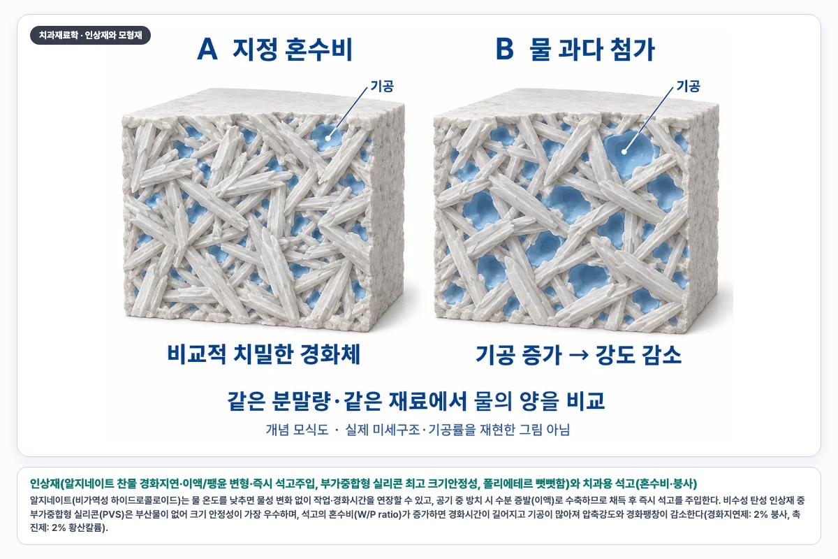 인상재(알지네이트 찬물 경화지연·이액/팽윤 변형·즉시 석고주입, 부가중합형 실리콘 최고 크기안정성, 폴리에테르 뻣뻣함)와 치과용 석고(혼수비·붕사)