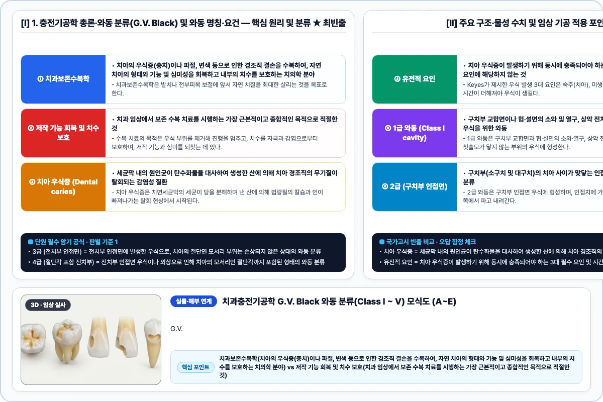 1. 충전기공학 총론·와동 분류(G.V. Black) 및 와동 명칭·요건 핵심 구조 및 기공 공정 비교 모식도