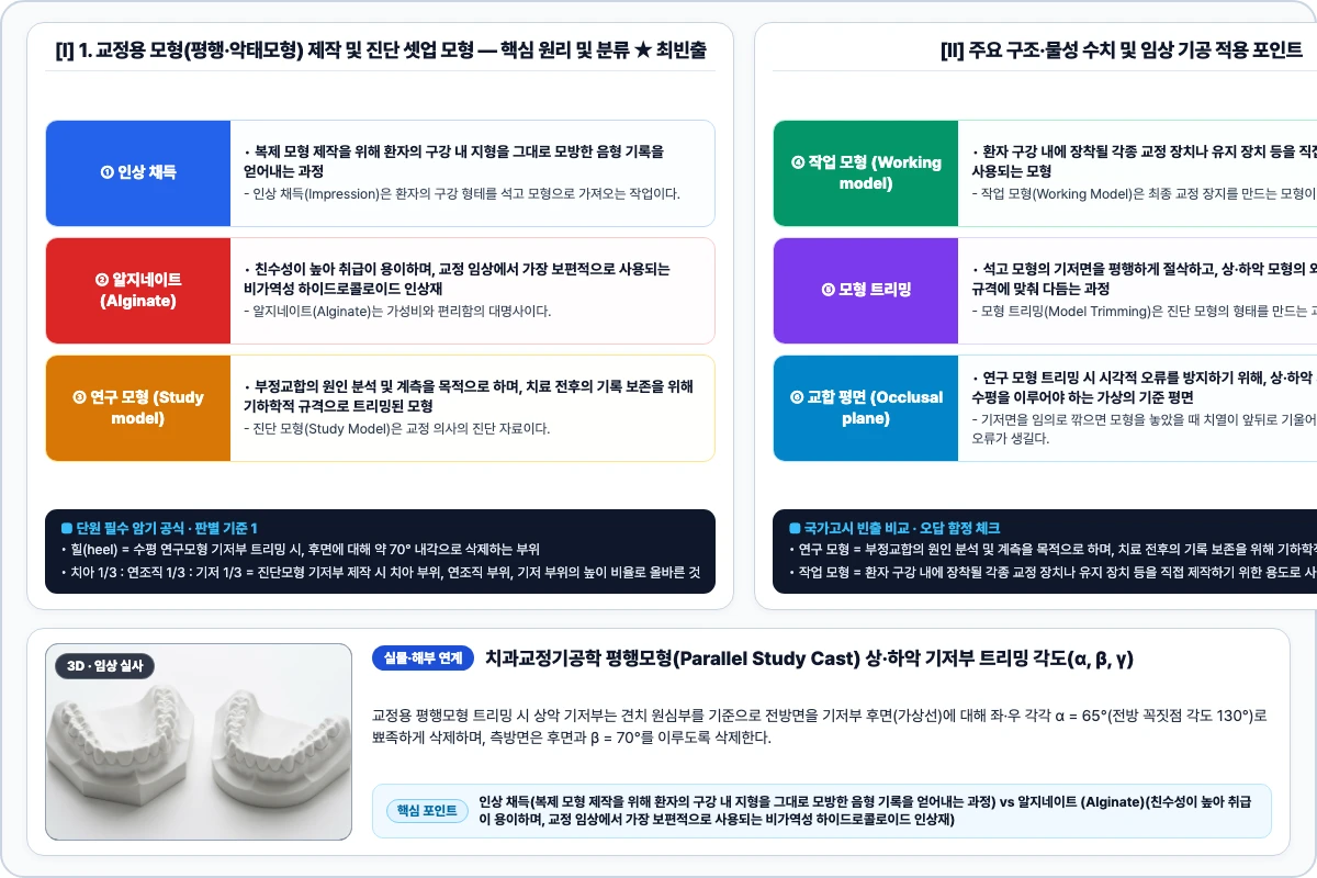 1. 교정용 모형(평행·악태모형) 제작 및 진단 셋업 모형 핵심 구조 및 기공 공정 비교 모식도