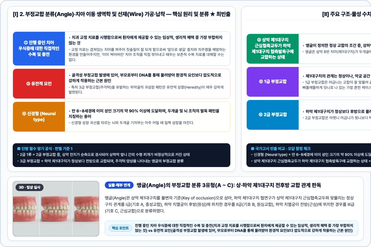 2. 부정교합 분류(Angle)·치아 이동 생역학 및 선재(Wire) 가공·납착 핵심 구조 및 기공 공정 비교 모식도