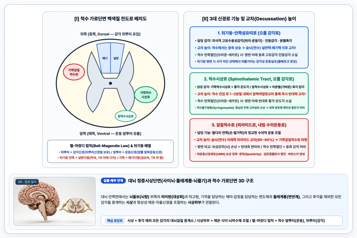 척수 가로단면의 뒤기둥-안쪽섬유띠·가쪽척수시상로·가쪽겉질척수로 위치 및 교차 높이 비교 도해