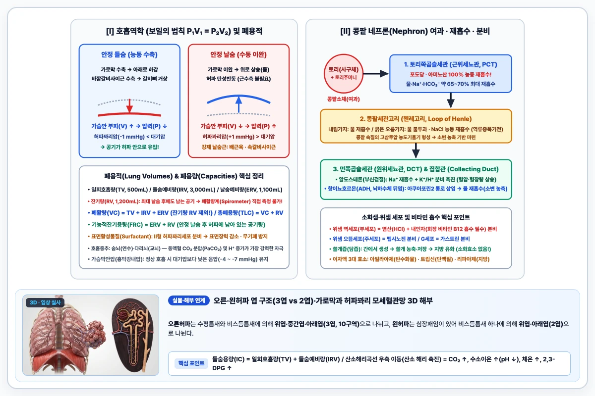 들숨과 날숨 시 가로막 이동 및 허파안압력 변화 모식도와 콩팥 네프론 여과·재흡수·분비 도해