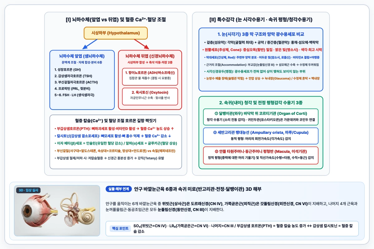 뇌하수체 앞엽 6종·뒤엽 2종 호르몬과 칼시토닌·부갑상샘호르몬 길항작용 및 눈·속귀 감각수용기 비교 도해