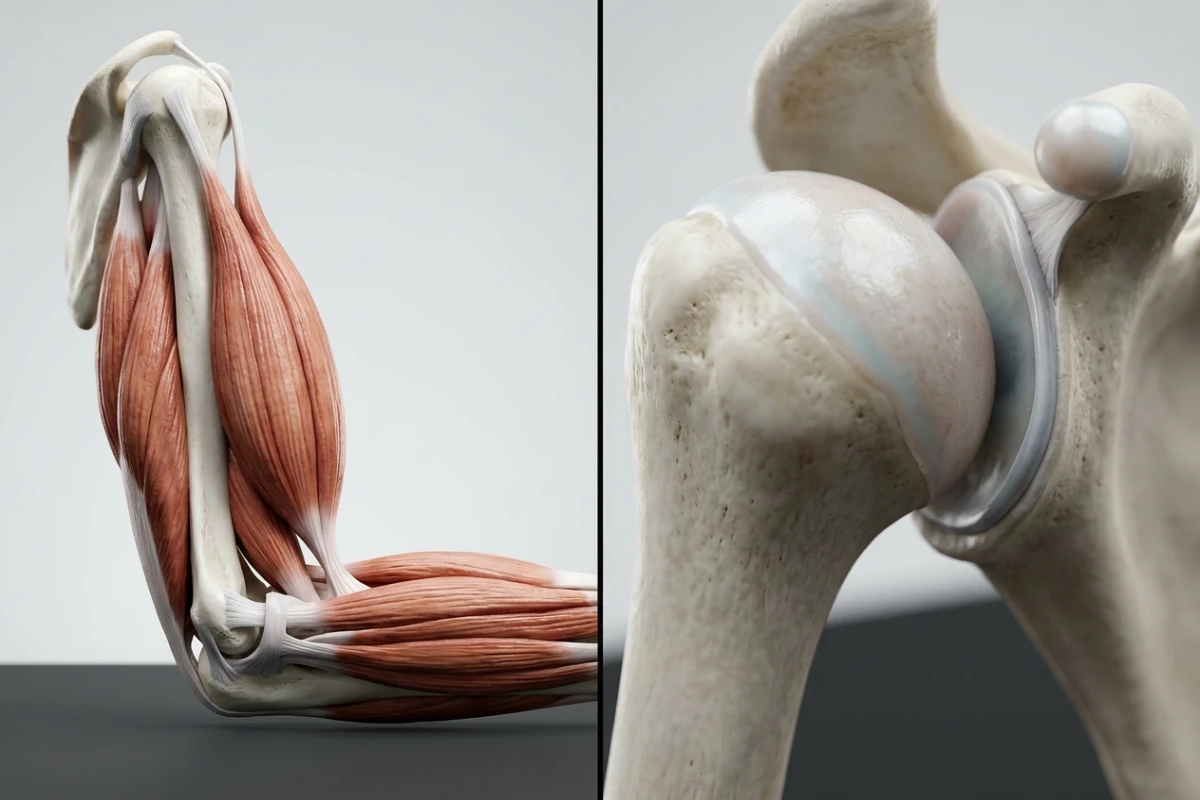 인체 팔꿉관절 3형 지레 모형과 볼록-오목 관절면 구름·미끄러짐 3D 역학